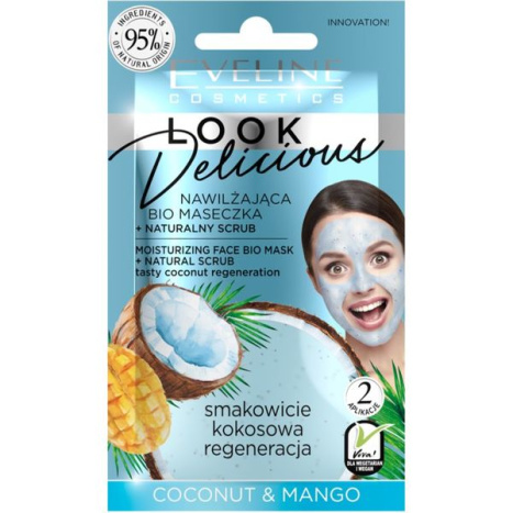 EVELINE LOOK DELICIOUS Хидратираща био маска за лице + натурален скраб -кокос и манго 10ml