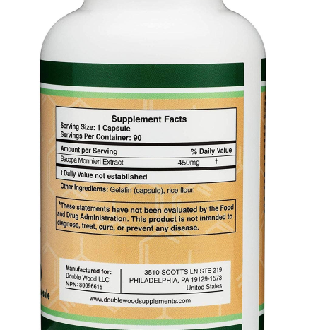 DOUBLE WOOD BACOPA EXTRACT Бакопа Мониери Екстракт 450mg мозъчна функция и стрес контрол x 90 caps