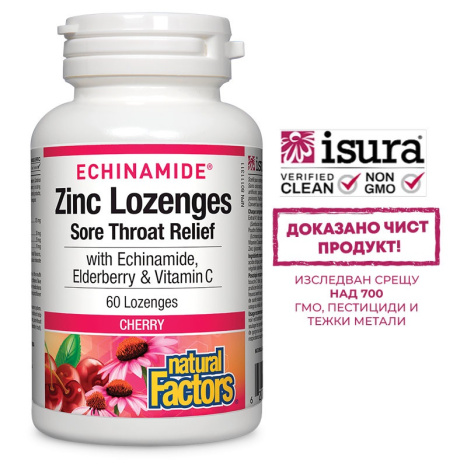 NATURAL FACTORS ECHINAMIDE Zinc Lozenges Sore Throat Relief (Cherry flavor) Echinamid Zinc Lozenges + Echinacea, Elderberry and Vitamin C, with cherry flavor for immunity x 60 tabl