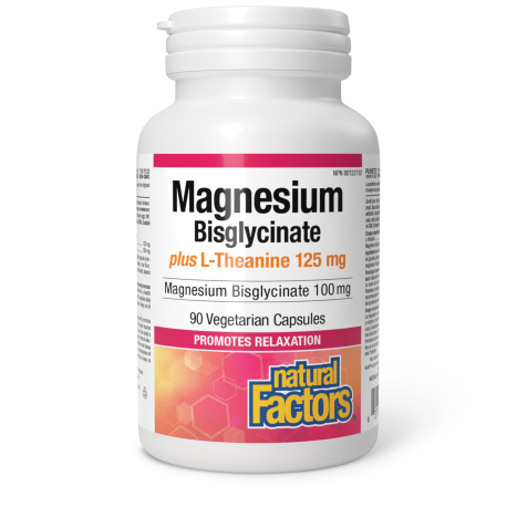 NATURAL FACTORS MAGNESIUM BISGLYCINATE 100mg plus L-THEANINE 125mg Магнезий (бисглицинат) + Л-Теанин за нервната система и мускулите х 90 caps