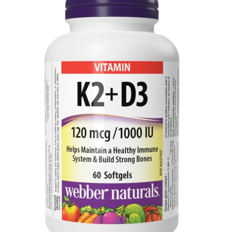 WEBBER NATURALS K2+D3 120µg/1000 IU (25µg) Витамин К2+Д3 за здрави кости и зъби х 60 softgels