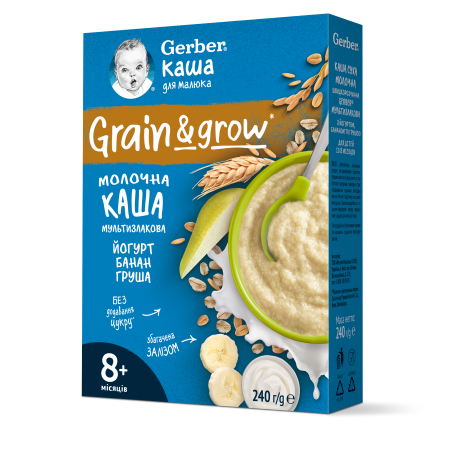 NESTLE GERBER Овесено-пшенична млечна каша Йогурт с банан и круша, за бебета, от 8-ия месец, 240g