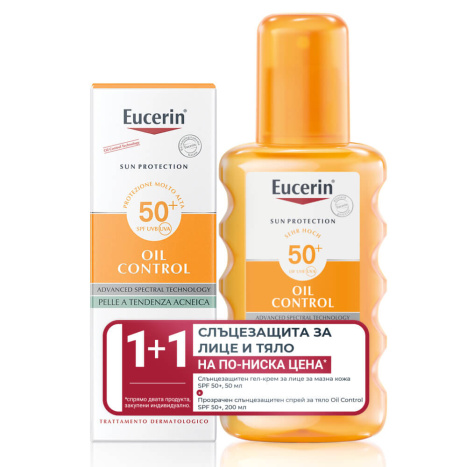 EUCERIN PROMO SUN OIL CONTROL SPF50+ слънцезащитен гел-крем за лице 50ml +Прозрачен слънцезащитен спрей за тяло SPF50+ 200ml