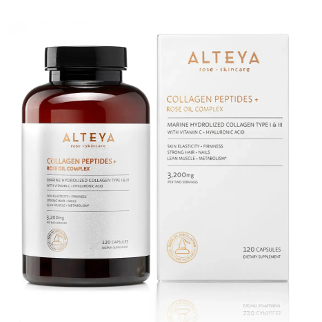 ALTEYA ORGANIC Колаген Пептиди (Колаген Тип I и III) с Розово Масло, витамин C и Хиалуронова киселина за подпомогне здравината на косата, ноктите и ставите x 120 caps