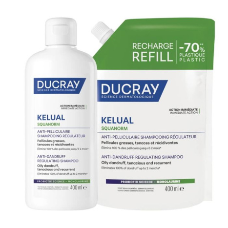 DUCRAY PROMO KELUAL SQUANORM Хидратиращ третиращ шампоан против мазен пърхот 400ml + пълнител 400ml
