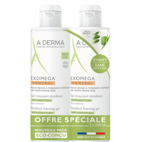 A-DERMA DUO EXOMEGA CONROL Емолиентен пенещ се гел за суха кожа склонна към атопия  2 x 500ml специална цена