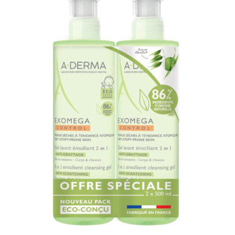A-DERMA DUO EXOMEGA CONROL Emollient cleansing gel 2 in 1 2 x 500ml special price