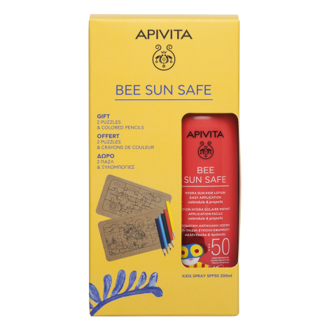 APIVITA PROMO Слънцезащитен спрей за деца SPF50 200 мл + ПОДАРЪК 2бр Крафт пъзел + цветни моливчета