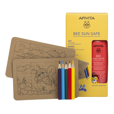 APIVITA PROMO Слънцезащитен спрей за деца SPF50 200 мл + ПОДАРЪК 2бр Крафт пъзел + цветни моливчета