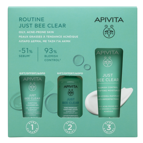 APIVITA PROMO JUST BEE CLEAR хидратиращ матиращ крем 40ml + почистващ гел 15ml + лосион 50ml