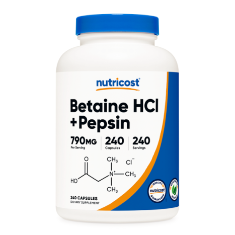 NUTRICOST BETAINE HCL + PEPSIN Betaine hydrochloride + Pepsin for digestion x 240 caps