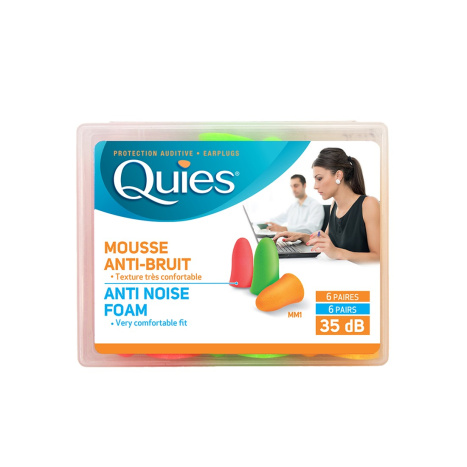 QUIES ANTI NOISE FOAM Тапи за уши от мека полиуретанова пяна 35 dB за многократна употреба за възрастни, 6 чифта