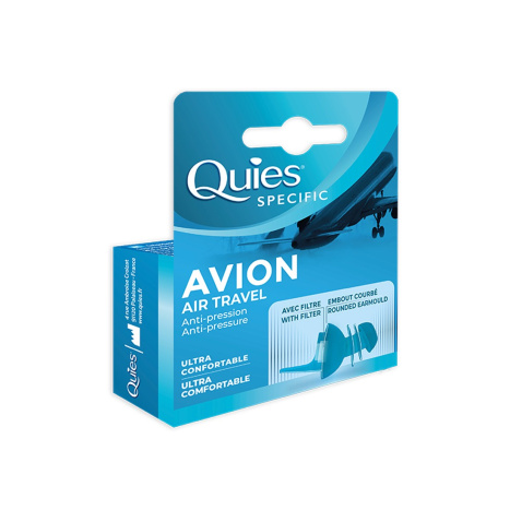 QUIES AVION AIR TRAVEL (anti-pressure) Силиконови тапи за уши (с филтър) 18 dB за предотвратяване разликата в налягането и болката в ушите по време на полет, за възрастни, 1 чифт
